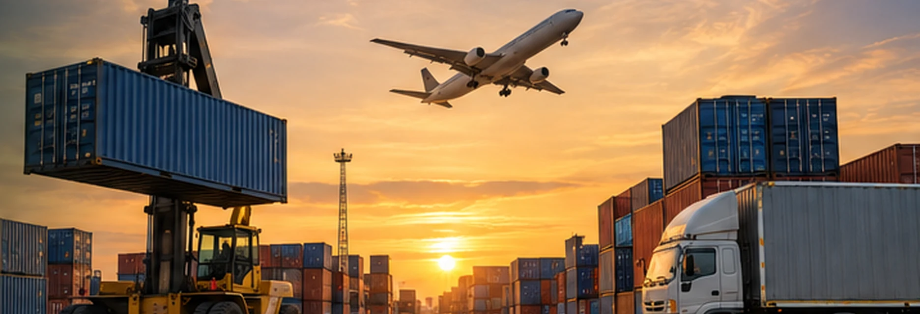 Container terminal, cargo vessel, trucks and handling equipment representing Best Mark import and export trading